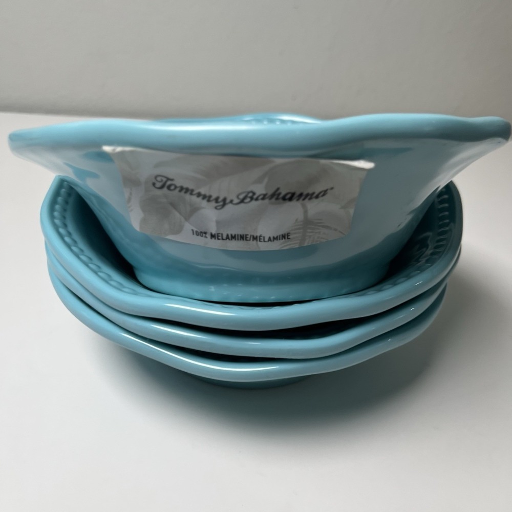 New Tommy Bahama Set Of 4 Teal Melamine Soup / Cereal Bowls With Beaded Trim - Picture 7 of 7